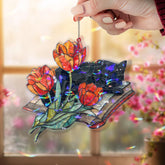 Black Cat with Tulips Acrylic Suncatcher, Stained Glass Style Floral Book Window Hanging, Cozy Spring Nature Lover Home Decor Gift